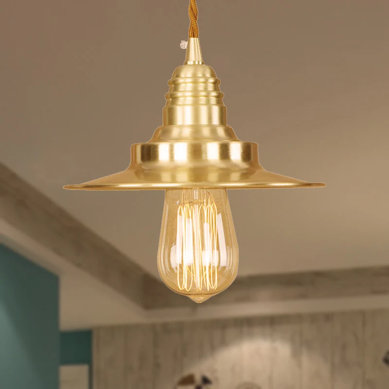 Hangende hanglamp met metaal-messing afwerking Platte kap 1-lichts plafondlamp retrostijl boven tafel | Snel Leverbaar