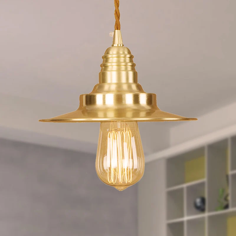 Hangende hanglamp met metaal-messing afwerking Platte kap 1-lichts plafondlamp retrostijl boven tafel | Snel Leverbaar