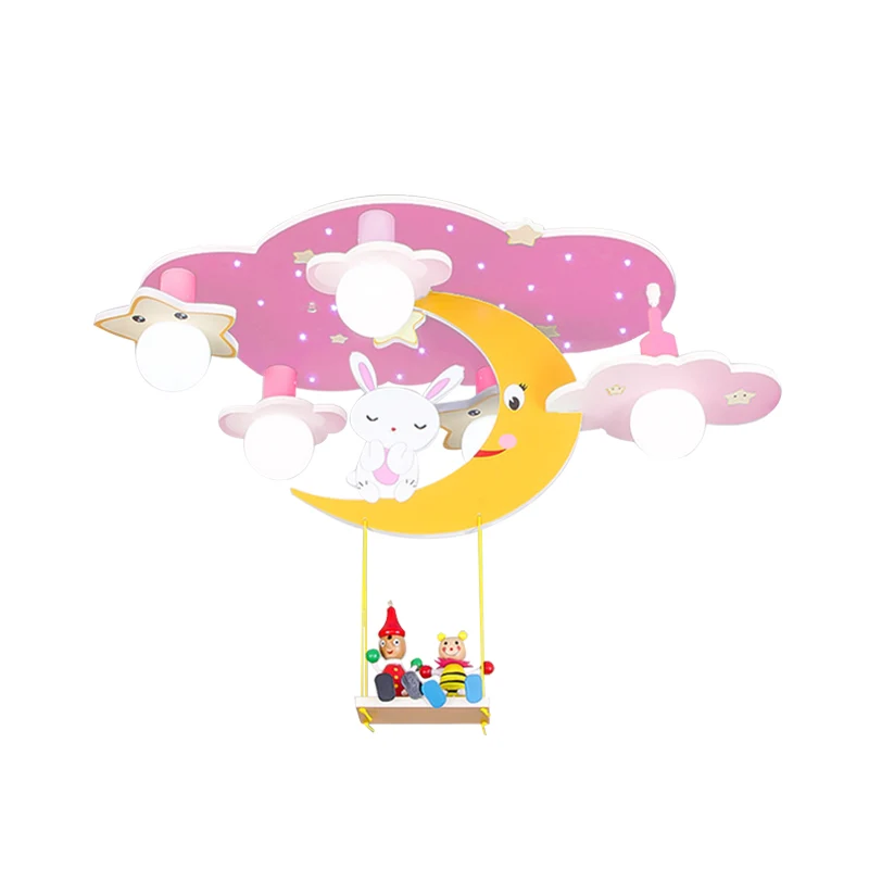 Houten sterrenhemel semi-inbouwlamp cartoon 5-kops roze/blauw en geel plafondlamp met konijn-deco - Incl. Garantie