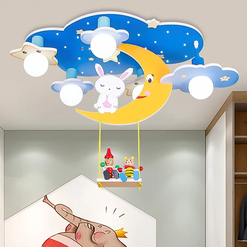 Houten sterrenhemel semi-inbouwlamp cartoon 5-kops roze/blauw en geel plafondlamp met konijn-deco - Incl. Garantie