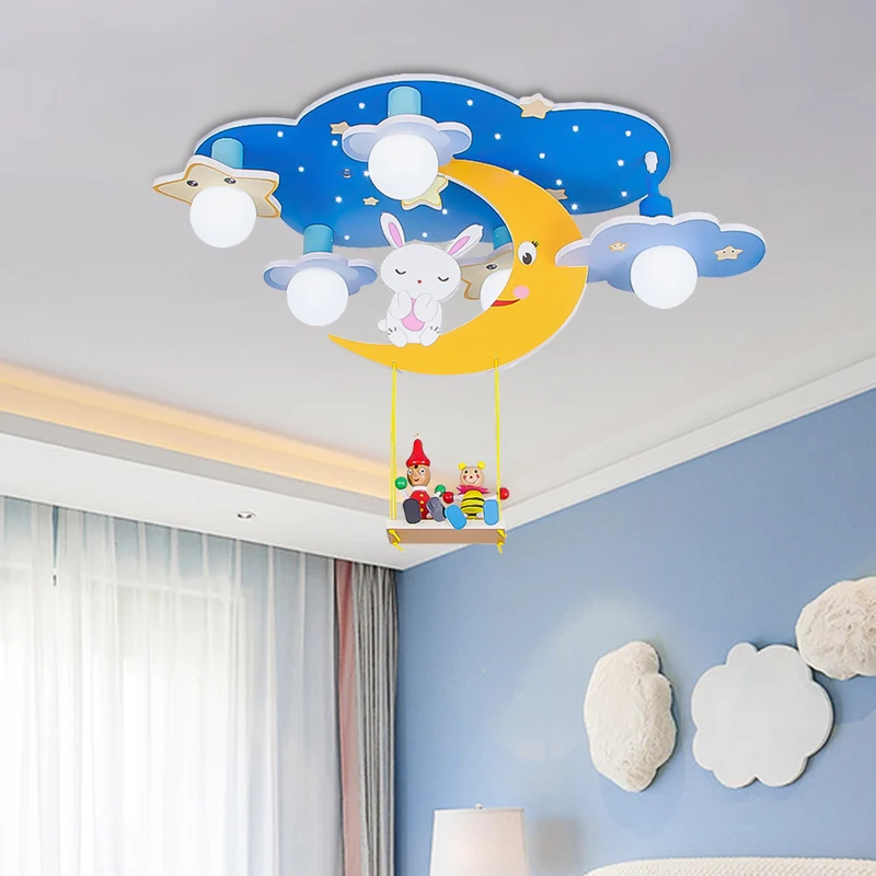 Houten sterrenhemel semi-inbouwlamp cartoon 5-kops roze/blauw en geel plafondlamp met konijn-deco - Incl. Garantie