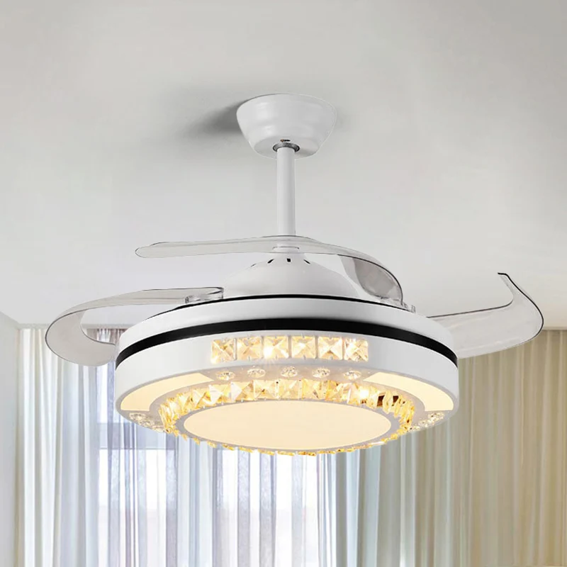 LED ronde hangende ventilatorlamp actueel wit helder kristal blokken semi-flush met 4 bladen, 65 cm breed
