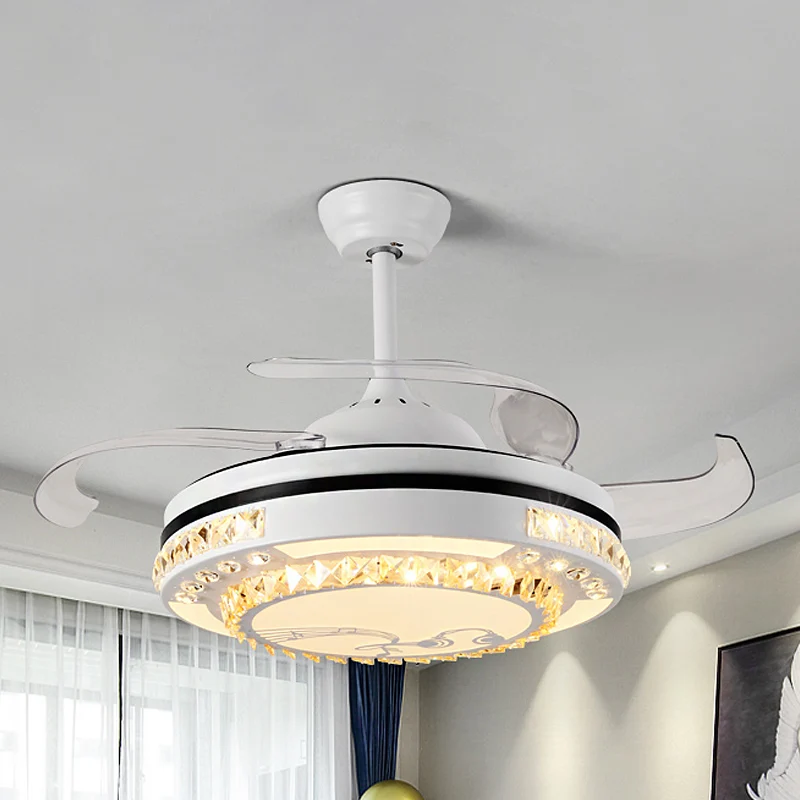 LED ronde hangende ventilatorlamp actueel wit helder kristal blokken semi-flush met 4 bladen, 65 cm breed