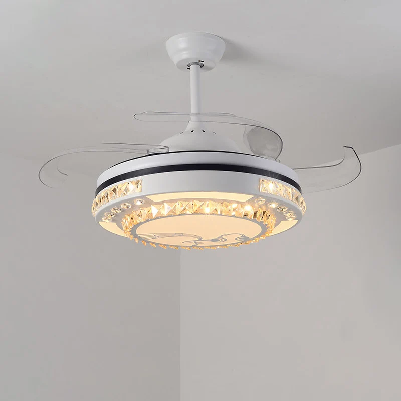 LED ronde hangende ventilatorlamp actueel wit helder kristal blokken semi-flush met 4 bladen, 65 cm breed