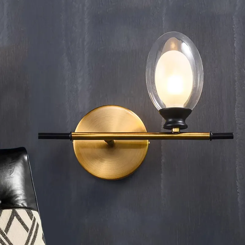 Messing rechte staaf wandlamp Mid Century 1 kop metalen schansideeën met dubbele ovale helder/amberkleurige glazen kap - I...