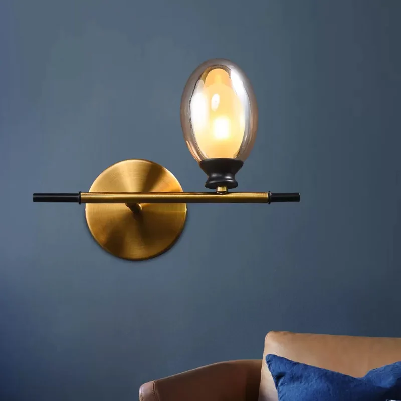 Messing rechte staaf wandlamp Mid Century 1 kop metalen schansideeën met dubbele ovale helder/amberkleurige glazen kap - I...