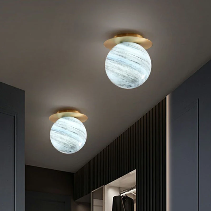 Planet Stained Glass Flush Mount Lamp Nordic 1-Light Messing Finish Ceiling Light Fixture Corridor Blue