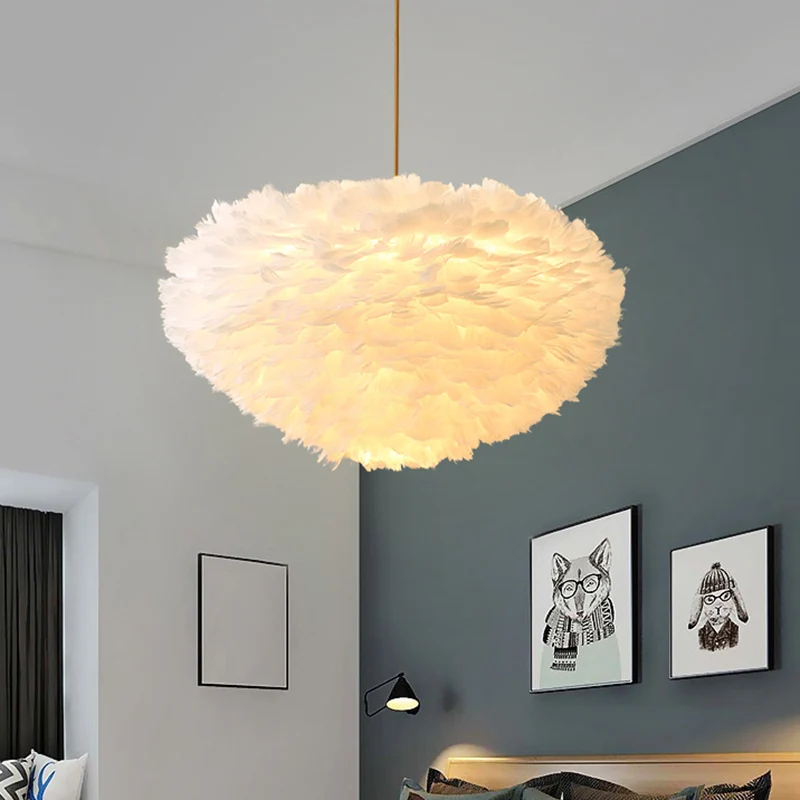 Premium Kwaliteit Eigentijdse Globe Feather kroonluchterlamp Moderne witte handgeweven veren hangende hanglamp voor slaapk...