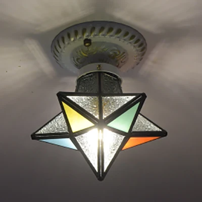 Tiffany Rustic Star Flush Light 1-kops gebrandschilderd glas Mini-plafondlamp blauw / licht / blauw-geel-groen voor slaapk...