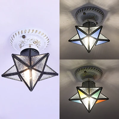 Tiffany Rustic Star Flush Light 1-kops gebrandschilderd glas Mini-plafondlamp blauw / licht / blauw-geel-groen voor slaapk...