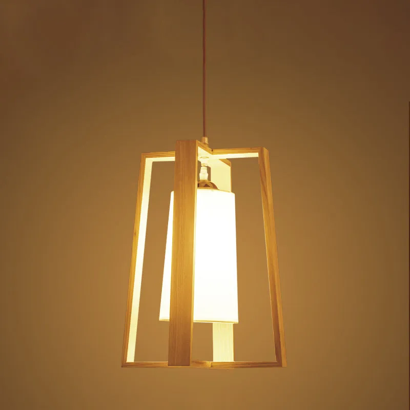 Trapezoid Pendant Light Asia Wood 10"/11" Breed 1 Head Beige Ceiling Suspension Lamp Cylindrical Fabric Shade | Snel Lever...