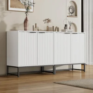 Dressoir met 4 deuren met handgrepen en metalen poten - Spaanplaat - Wit