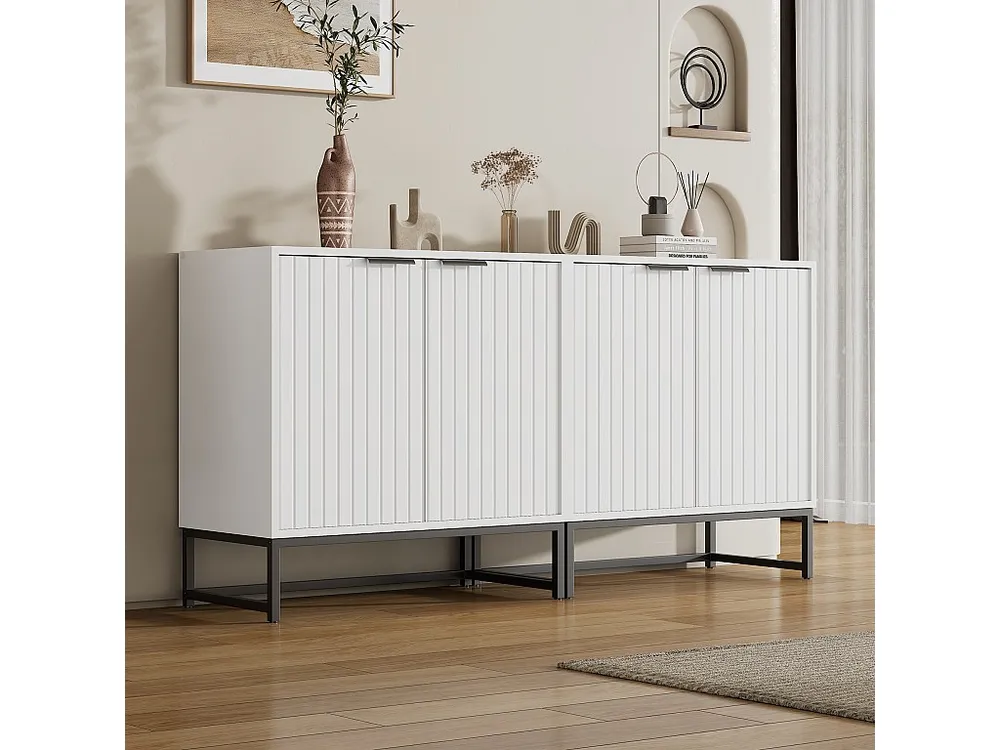 Dressoir met 4 deuren met handgrepen en metalen poten - Spaanplaat - Wit