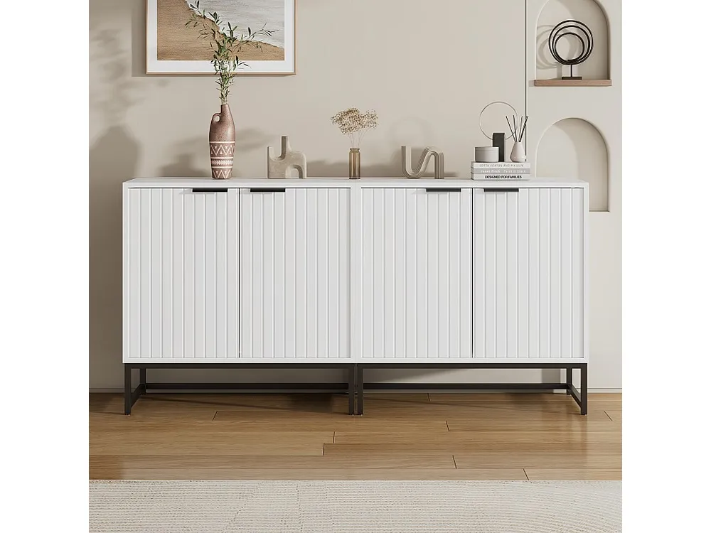 Dressoir met 4 deuren met handgrepen en metalen poten - Spaanplaat - Wit