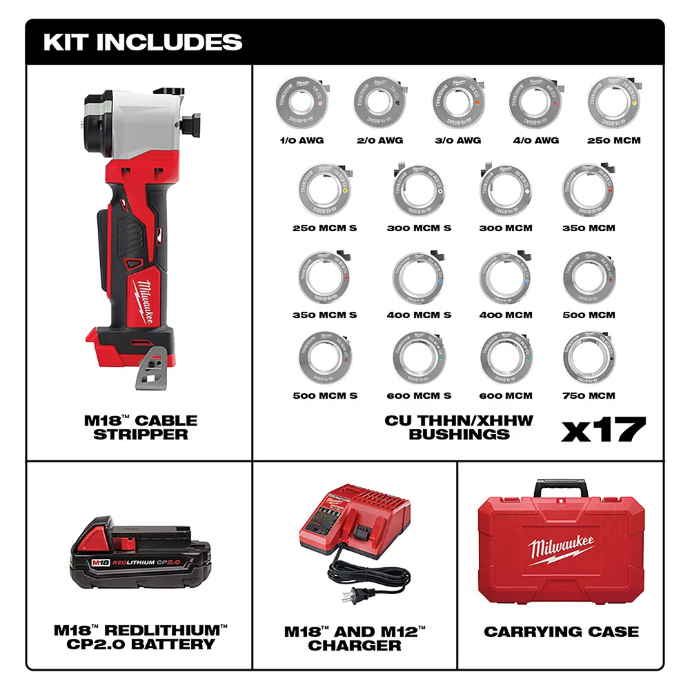 MILWAUKEE M18 Cable Stripper Kit w/ 17 Cu THHN / XHHW Bushings voor Houtbewerking