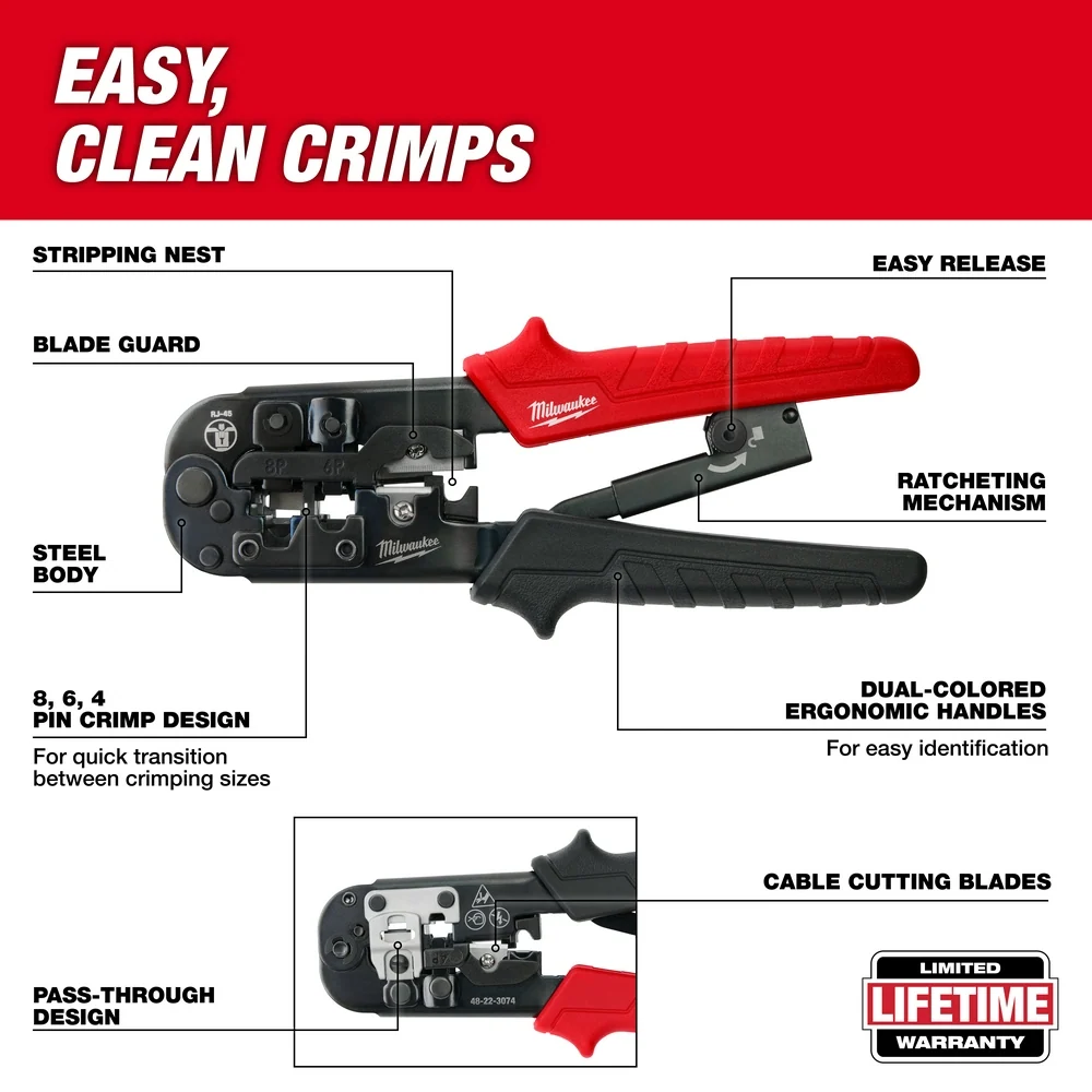 MILWAUKEE Ratcheting Pass-Through Crimper & Stripper met 2-Jaar Garantie