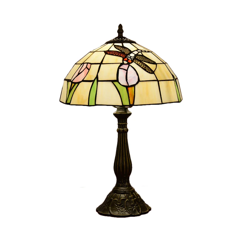 1-lichts nachtkastjelamp Tiffany Dragonfly op roze oranje/roze/beige tafelverlichting met komvormige kap - Incl. Garantie