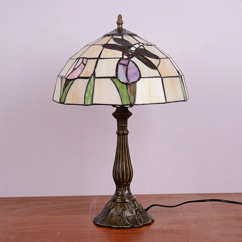 1-lichts nachtkastjelamp Tiffany Dragonfly op roze oranje/roze/beige tafelverlichting met komvormige kap - Incl. Garantie