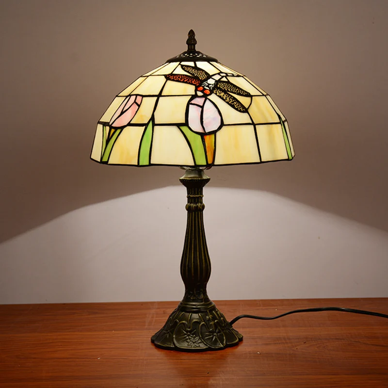 1-lichts nachtkastjelamp Tiffany Dragonfly op roze oranje/roze/beige tafelverlichting met komvormige kap - Incl. Garantie