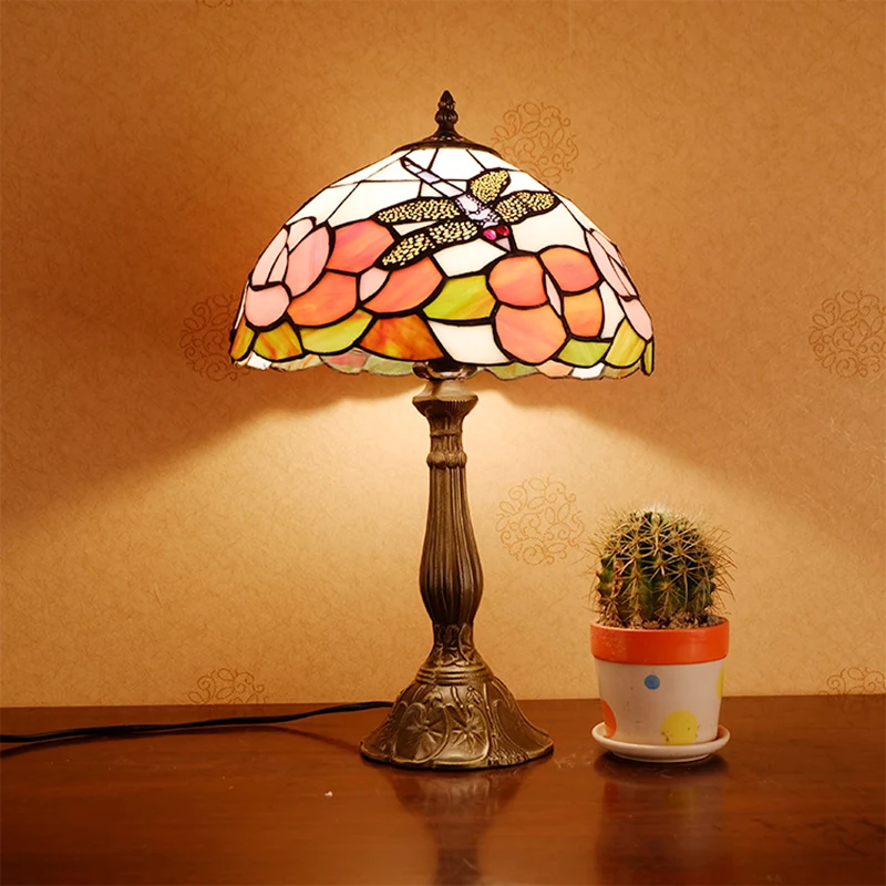 1-lichts nachtkastjelamp Tiffany Dragonfly op roze oranje/roze/beige tafelverlichting met komvormige kap - Incl. Garantie