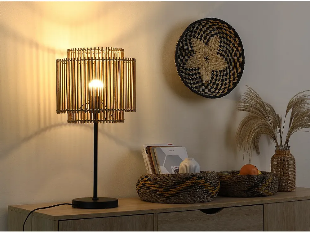 Tafellamp etnische stijl van bamboe en zwart metaal - D 30 x H 60 cm - PARANA - Koop nu | Snel Leverbaar