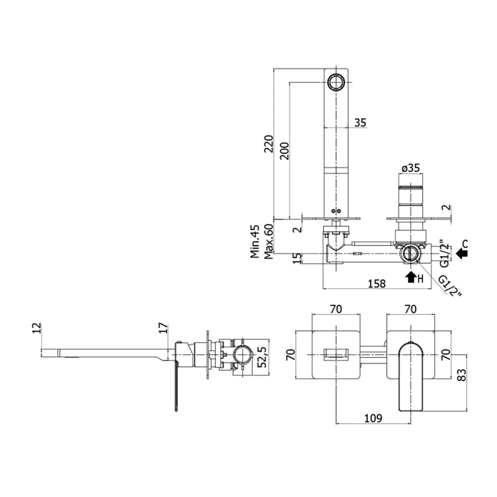 RVS Built- basin mixer Paffoni Tango 70x70 mm plates, spout and aerator