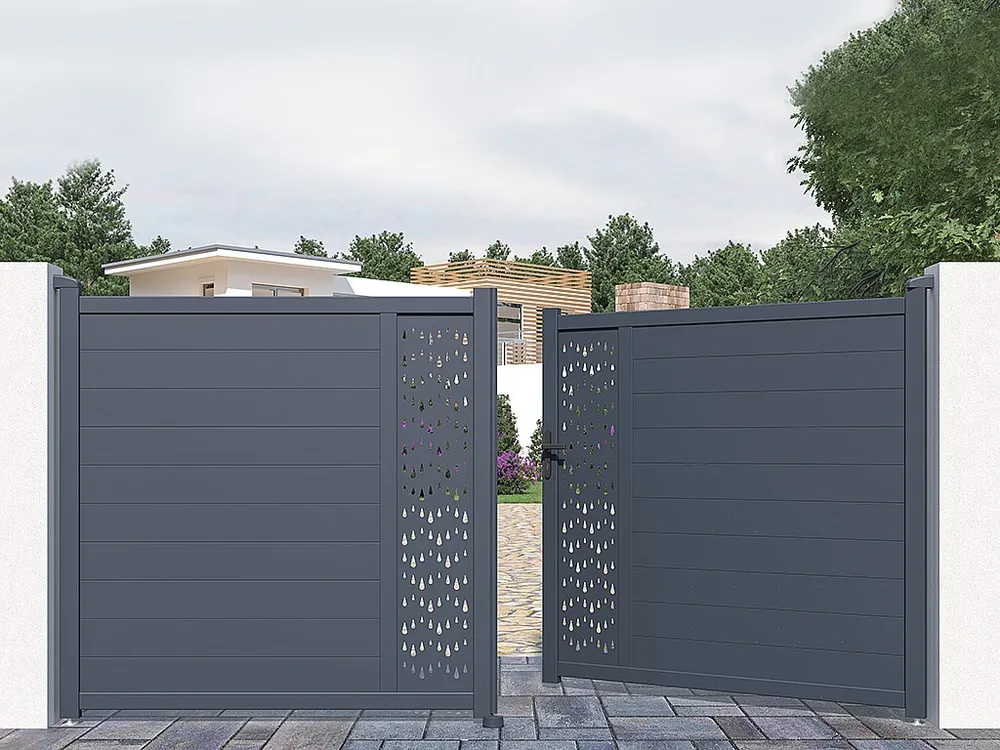 Elektrische draaipoort van aluminium met motieven - L.355 x H.181 cm - Antraciet - Koop nu