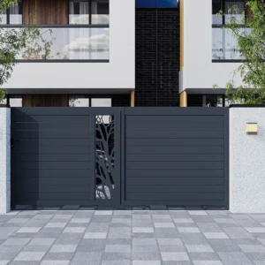Elektrische, schuivende, half opengewerkte aluminium tuinpoort L400 x H179 cm donkergrijs LABRIT II