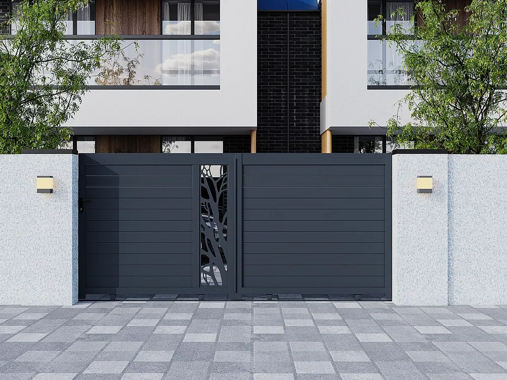 Elektrische, schuivende, half opengewerkte aluminium tuinpoort L400 x H179 cm donkergrijs LABRIT II