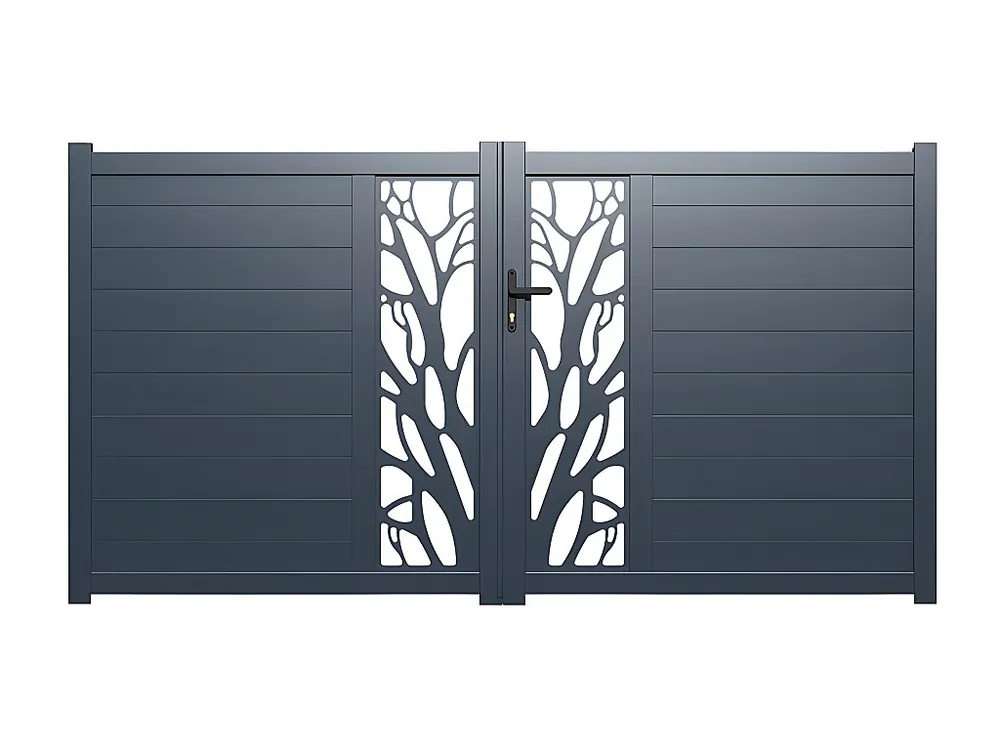 Halfopengewerkte aluminium draaipoort met motief B300 x H164 cm antraciet LABRIT II