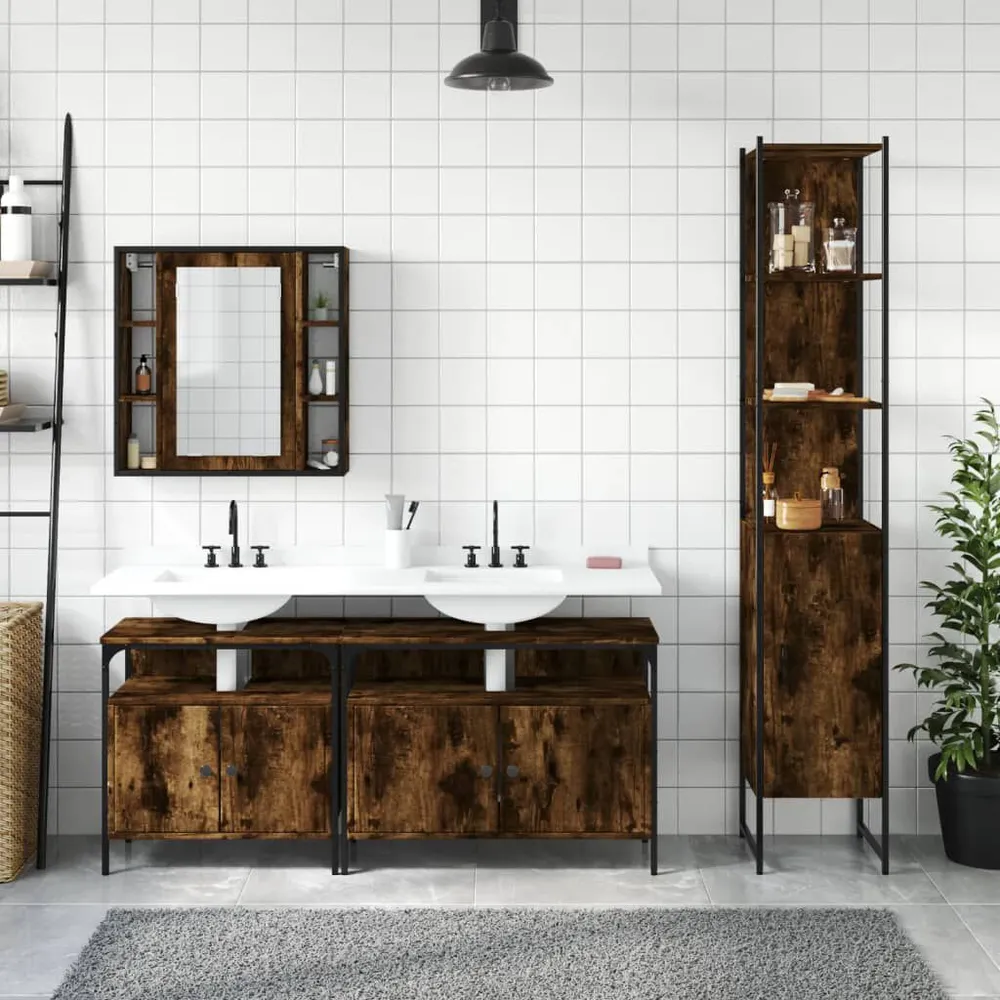 4-delige Badkamermeubelset bewerkt hout gerookt eikenkleurig - Met Inklapbaar Blad
