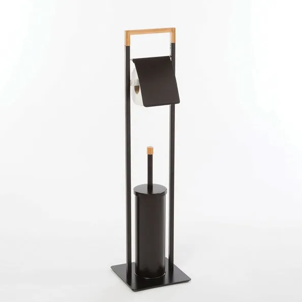 Bathroom stand toilet paper roll holder and toilet brush bamboeplant and steel matte black color