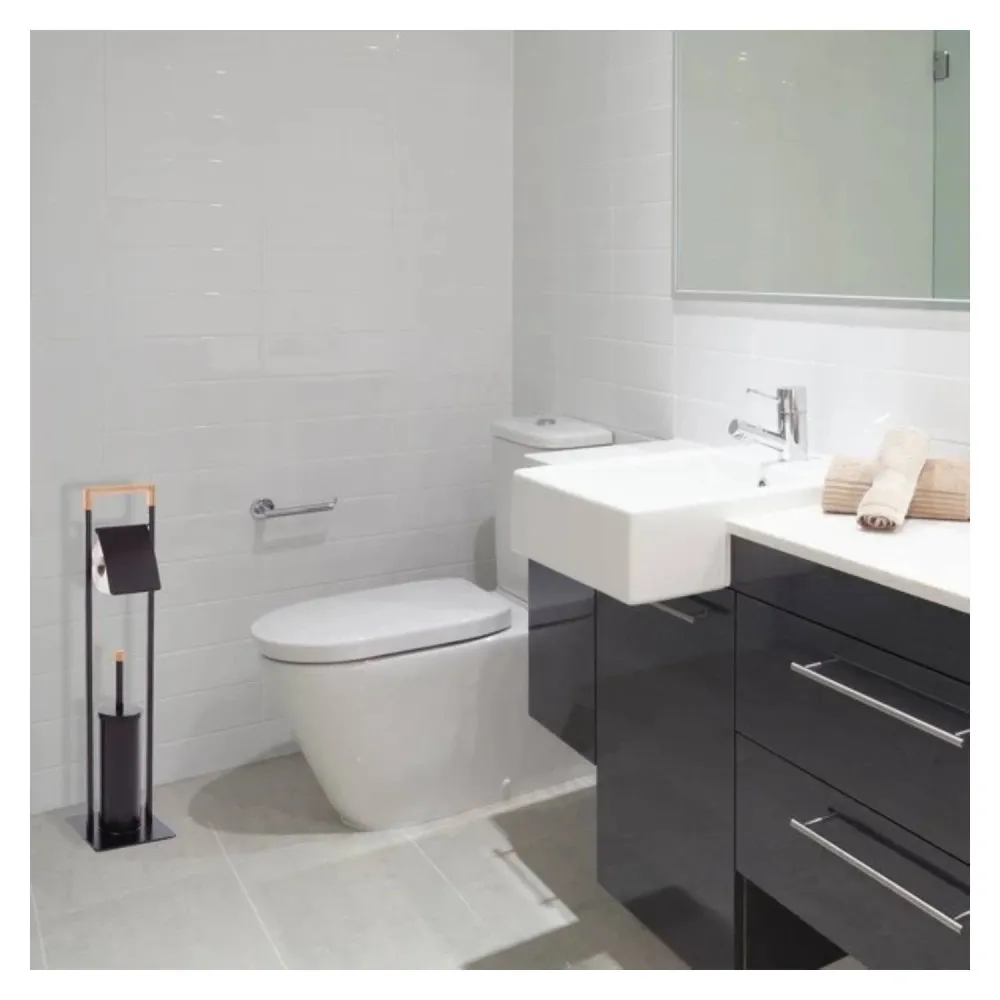 Bathroom stand toilet paper roll holder and toilet brush bamboeplant and steel matte black color