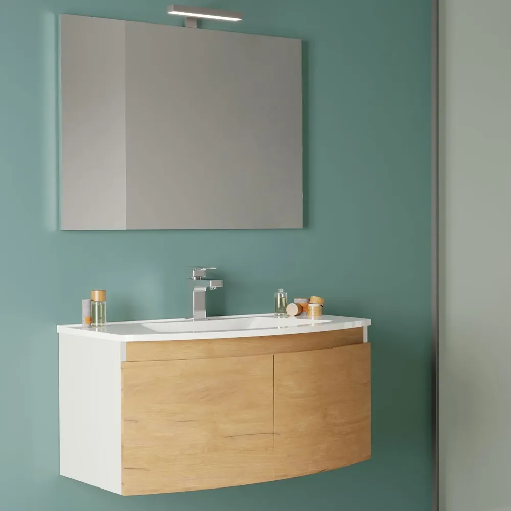 Bathroom cabinet two doors resin sink, mirror, and lamp cm 80 Golden Eik model Tide 2