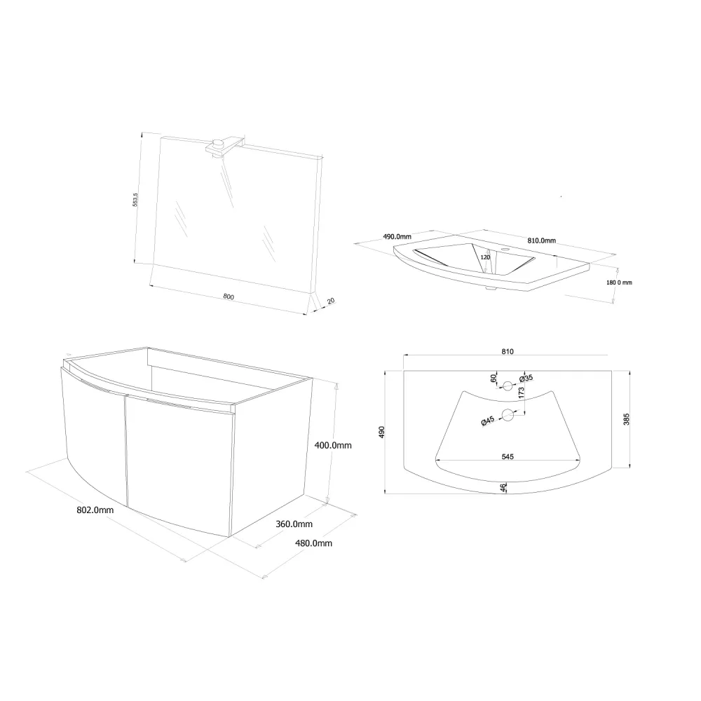 Bathroom cabinet two doors resin sink, mirror, and lamp cm 80 Golden Eik model Tide 2