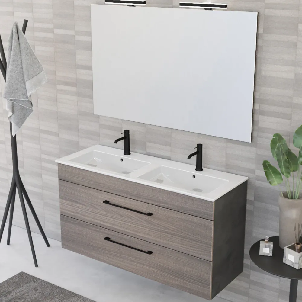 Wall-mounted bathroom composition Smack 2 drawers 118x62 duo sink, mirror LED lamp natural elm and cement