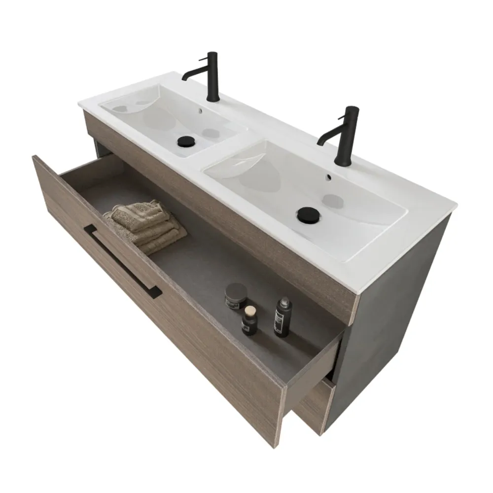 Wall-mounted bathroom composition Smack 2 drawers 118x62 duo sink, mirror LED lamp natural elm and cement