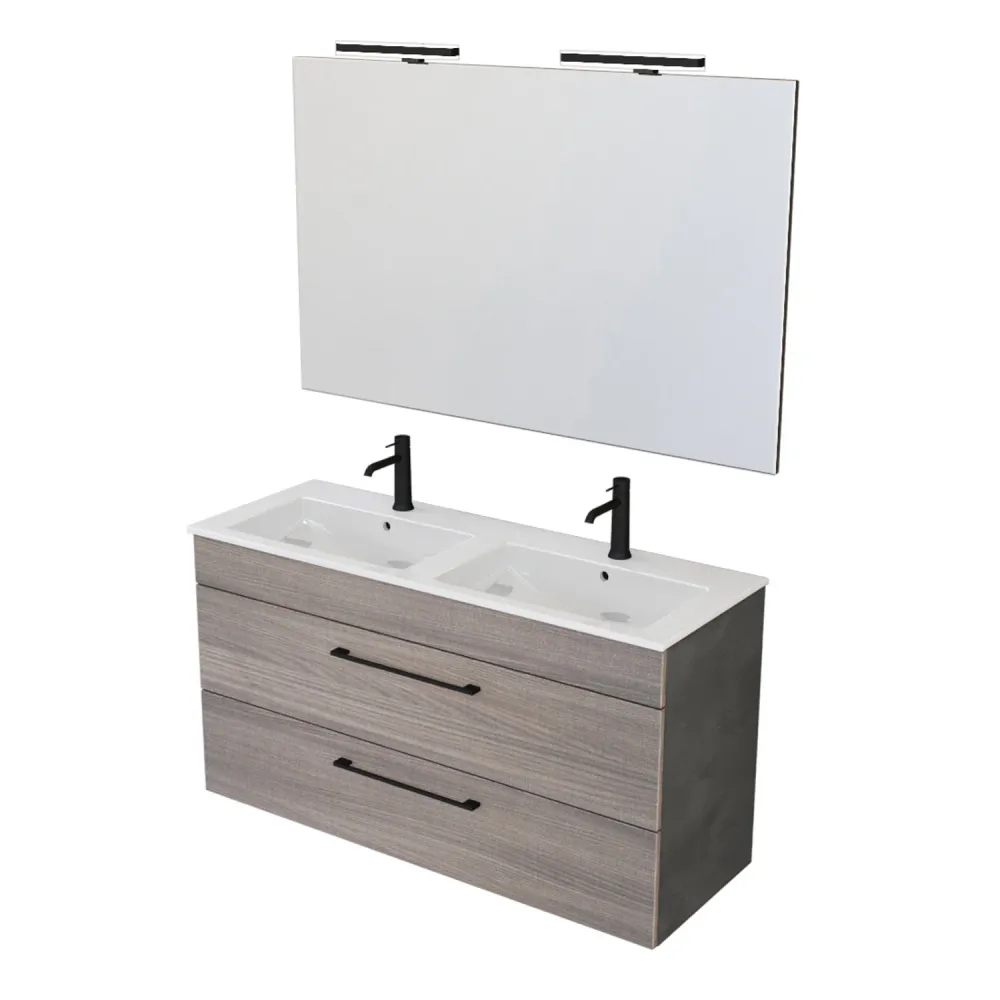 Wall-mounted bathroom composition Smack 2 drawers 118x62 duo sink, mirror LED lamp natural elm and cement