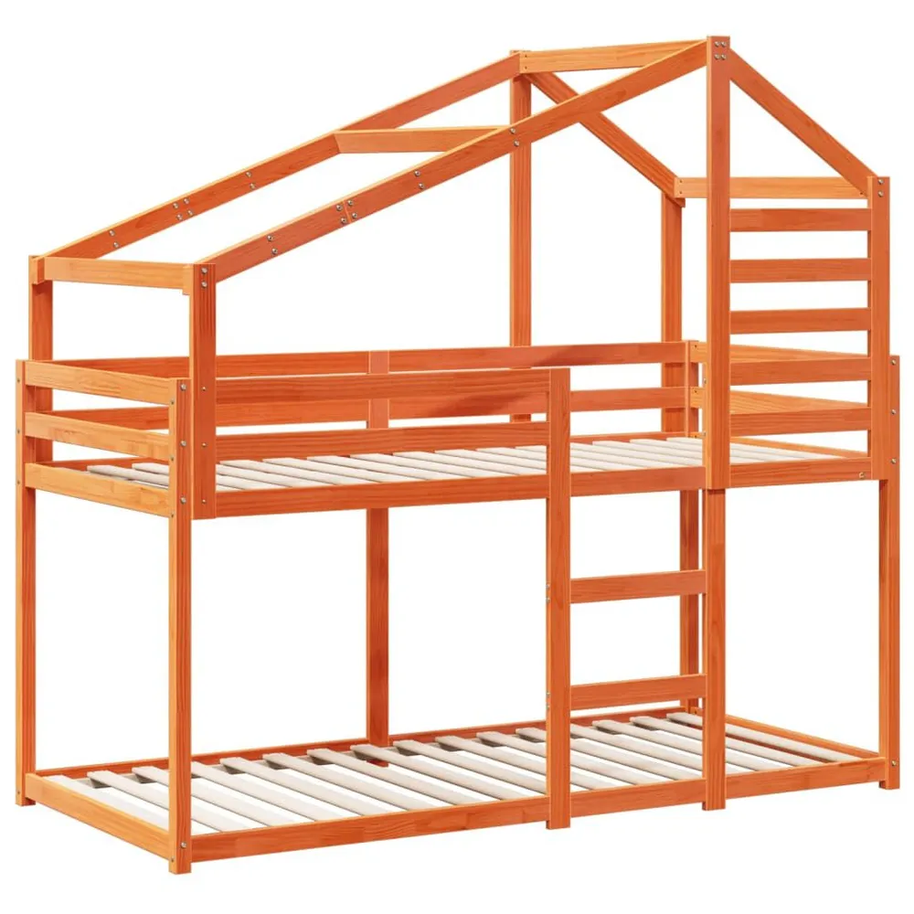 Stapelbed met bedhuis massief grenenhout wasbruin 90x200 cm