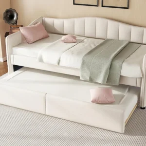 90x200cm bedbank met LED + 90x190cm onderschuifbed - bekleed met linnenstof - Natuurtint (matras niet inbegrepen)