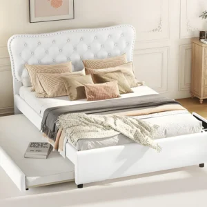 Gestoffeerd bed 140x200cm + onderschuifbed 90x190cm - met 2 lades op wielen - kunstleer - Wit