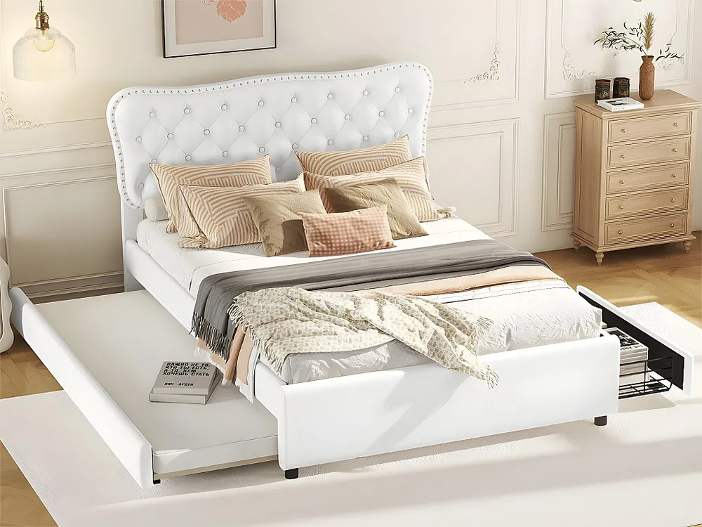 Gestoffeerd bed 140x200cm + onderschuifbed 90x190cm - met 2 lades op wielen - kunstleer - Wit