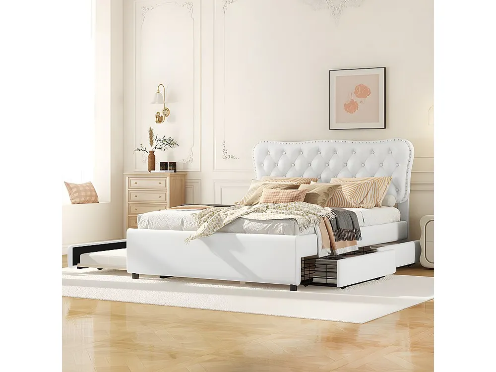 Gestoffeerd bed 140x200cm + onderschuifbed 90x190cm - met 2 lades op wielen - kunstleer - Wit