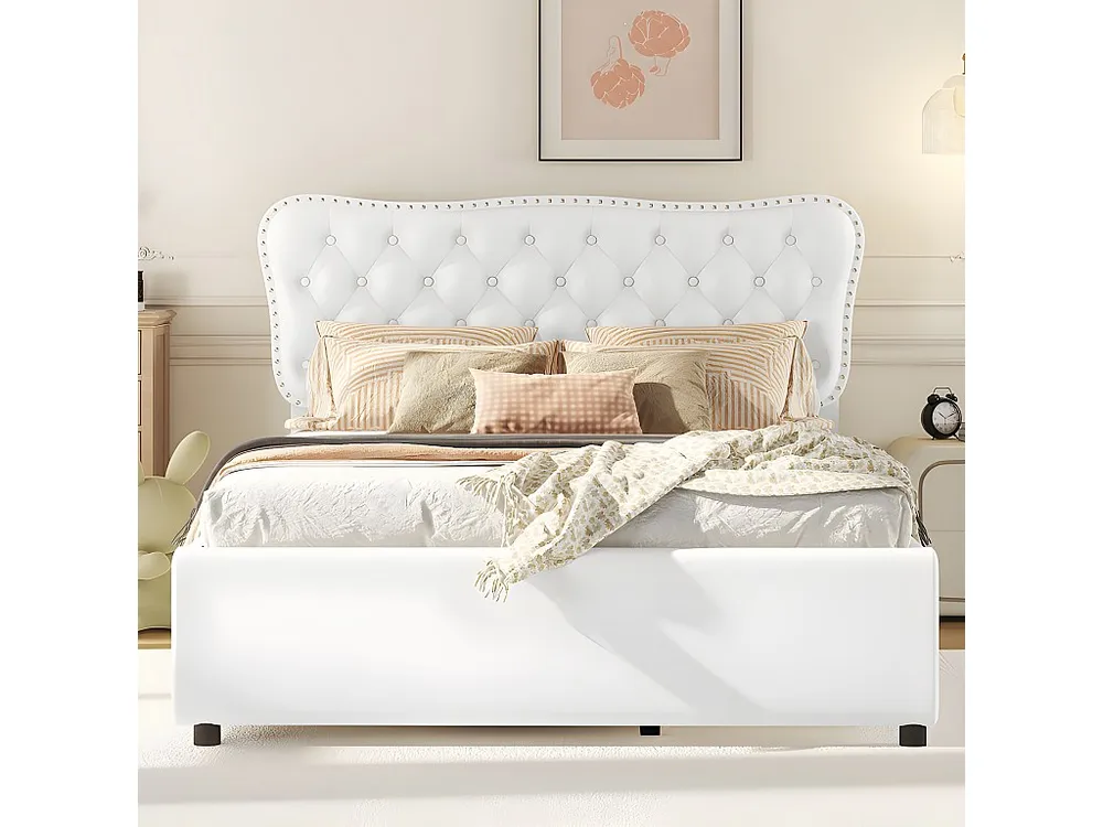 Gestoffeerd bed 140x200cm + onderschuifbed 90x190cm - met 2 lades op wielen - kunstleer - Wit