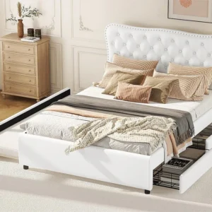 Gestoffeerd volwassenenbed 140 x 200 cm met onderschuifbed 90 x 190 cm - 2 laden - kunstleer - wit
