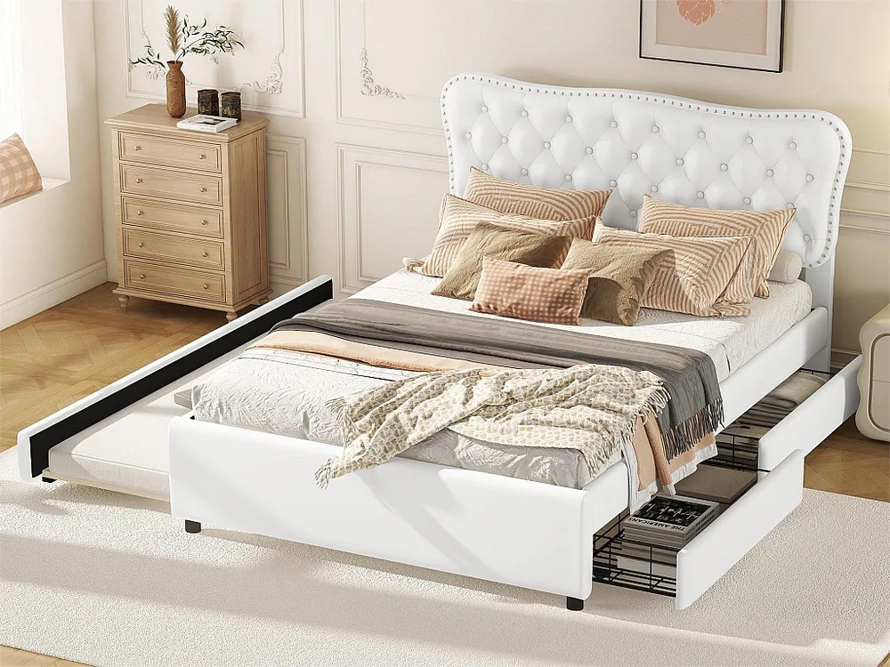 Gestoffeerd volwassenenbed 140 x 200 cm met onderschuifbed 90 x 190 cm - 2 laden - kunstleer - wit