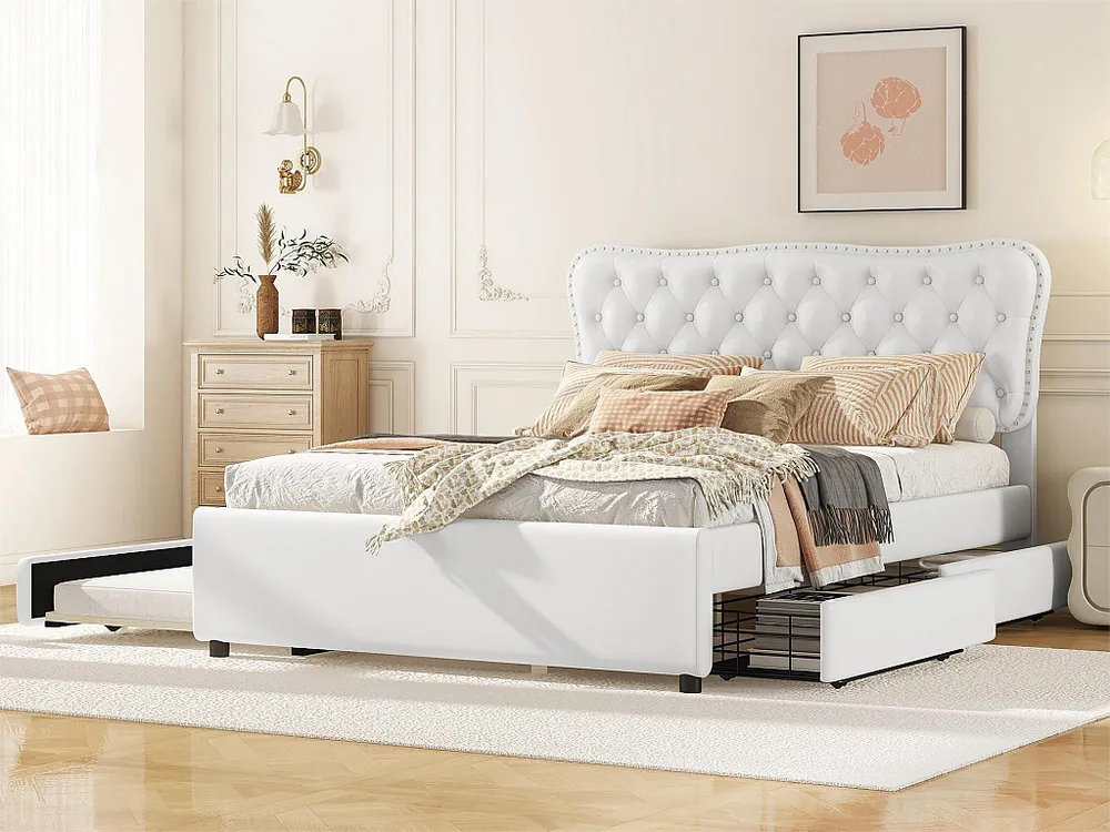 Gestoffeerd volwassenenbed 140 x 200 cm met onderschuifbed 90 x 190 cm - 2 laden - kunstleer - wit