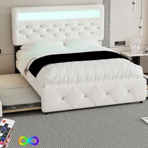 Gestoffeerd volwassenenbed 140x200cm met LED - met onderschuifbed en 2 laden - Linnenstof - Ecru