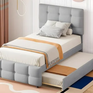 Getuft onderschuifbed 90x200cm - verstelbaar hoofdeinde - linnen stof - Grijs