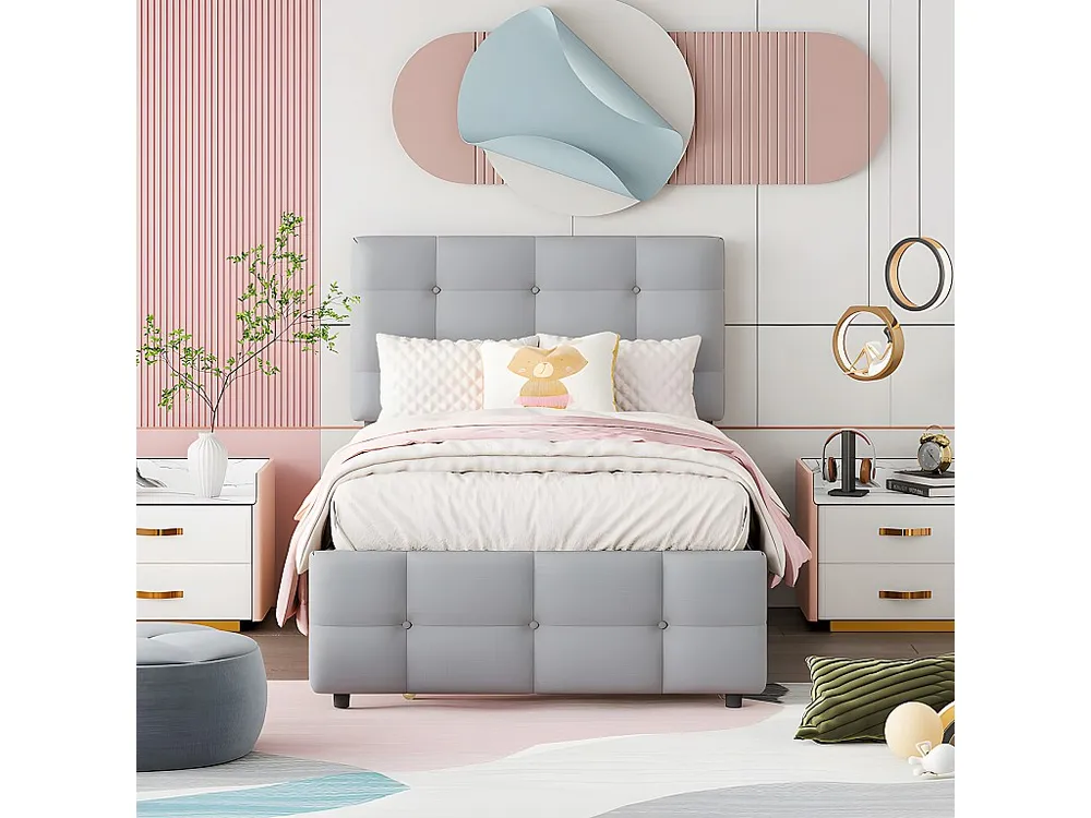 Getuft onderschuifbed 90x200cm - verstelbaar hoofdeinde - linnen stof - Grijs